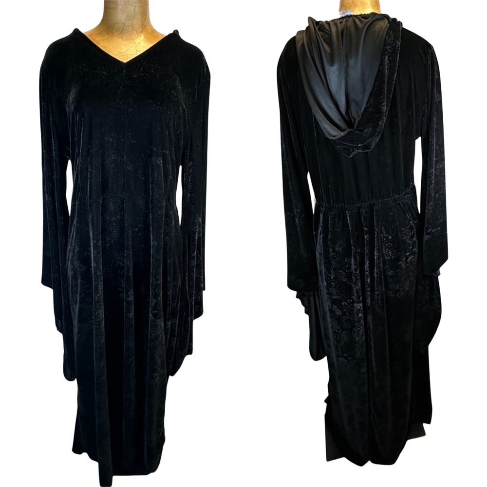 Spirit Plus Womens Black Velvet Hooded Goth Maxi Dress Bell Sleeve 01427954
